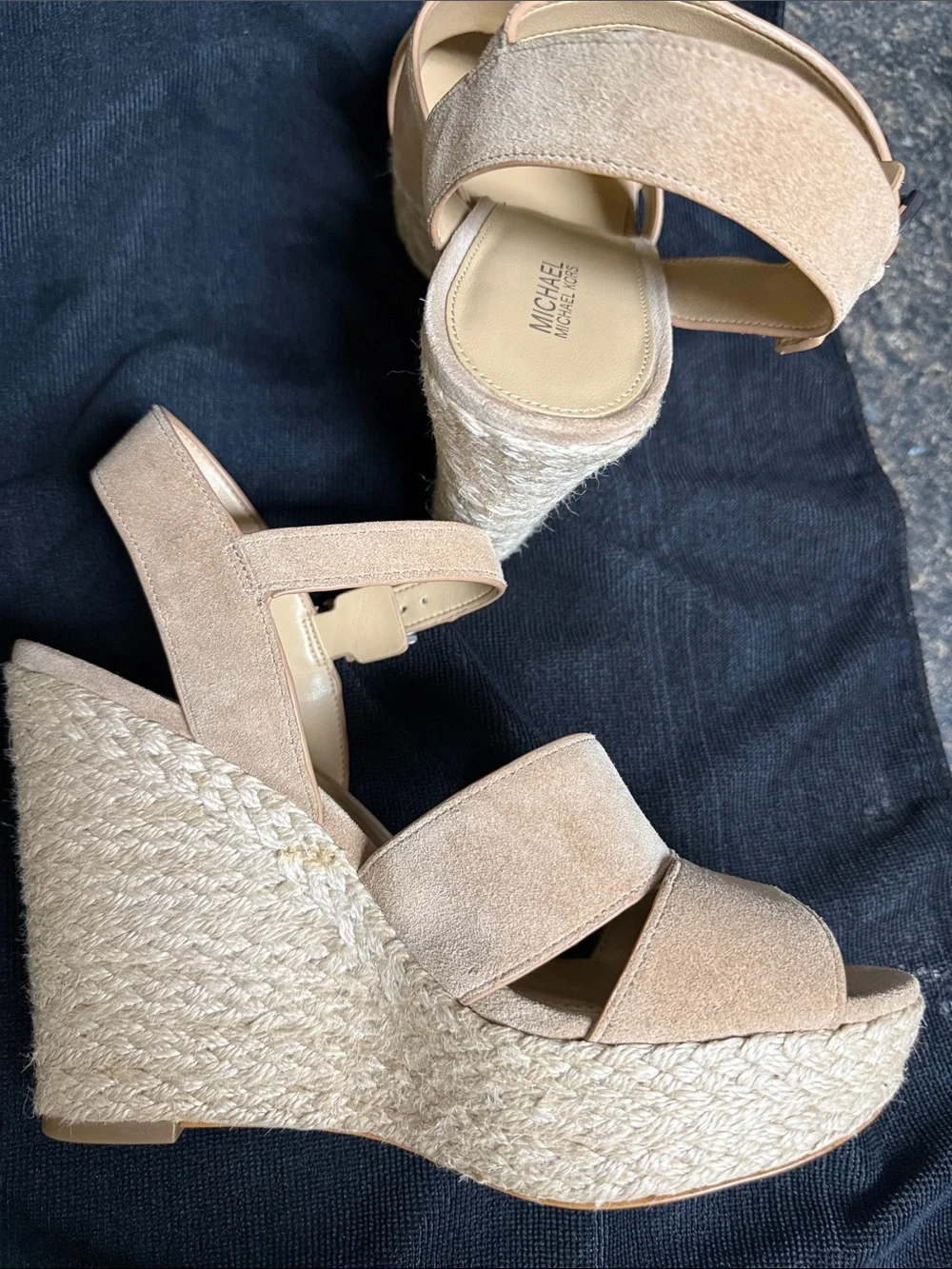 Michael Kors Neutral Beige Suede Espadrille Wedge Sandals